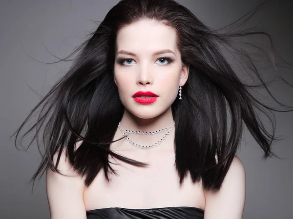 Portret Van Mode Van Mooie Rode Lippen Make Vrouw Met — Stockfoto