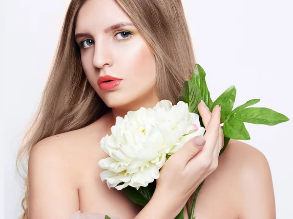 Hermosa Mujer Joven Con Flor Belleza Primavera Modelo Chica —  Fotos de Stock
