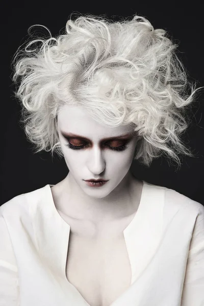 Young Woman Scary Clown Make Halloween Blonde Girl White Skin — Stock Photo, Image