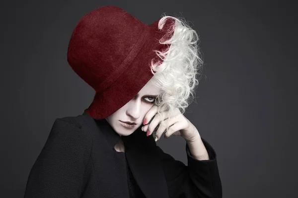 Fashion Portrait Halloween Make Woman Hat White Skin Hair Fairy — Stock Photo, Image