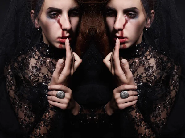 Mulher Véu Preto Com Rosto Sangrento Make Halloween Costume Black — Fotografia de Stock