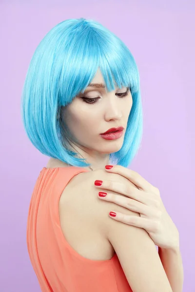 beautiful woman with Bob Colorful hair. beauty girl with Blue Hair Style and Make-up
