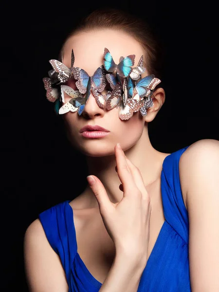 Beautiful Girl Butterflies Her Face Beauty Portrait Young Woman Unusual — Stock Photo, Image