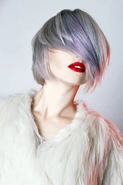 Beautiful Young Woman Colored Blue Hair Dressed Fur Fashion Beauty — Stock Photo, Image