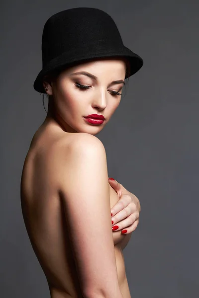 Bellissima Donna Col Cappello Ragazza Nuda Corpo Con Make Cappello — Foto Stock