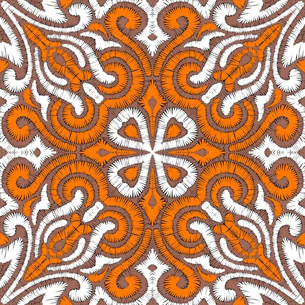 Вышитый Бесшовный Рисунок Отпечатки Текстиля Сделано Вручную Оранжевые Белые Элементы — стоковый вектор