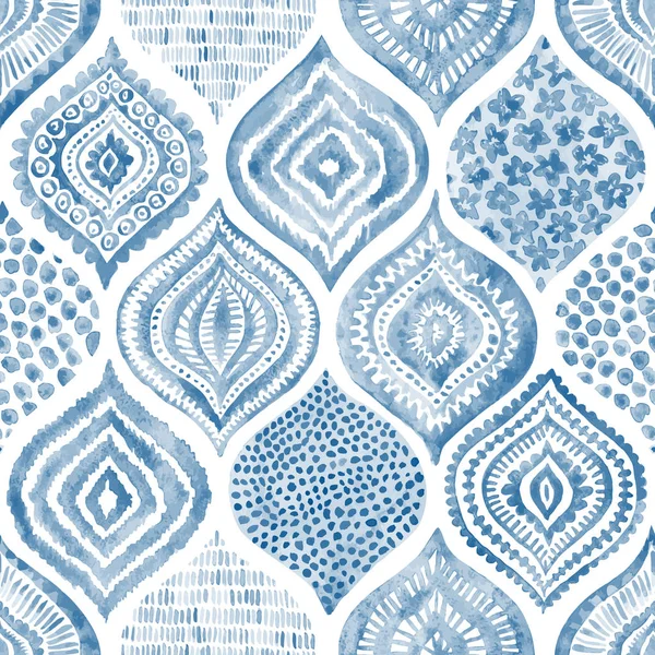 Seamless Watercolor Pattern Vintage Blue White Ornament Textile Print Hand — Stock Vector