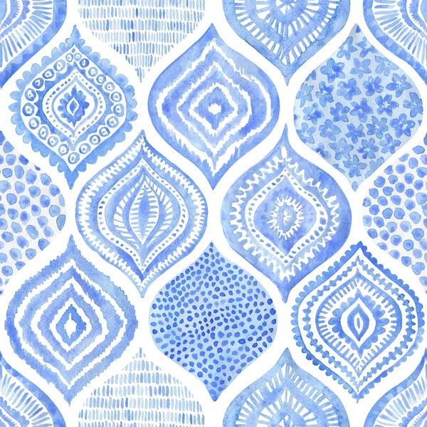 Patrón Acuarela Sin Costuras Adorno Vintage Azul Blanco Estampado Textil —  Fotos de Stock