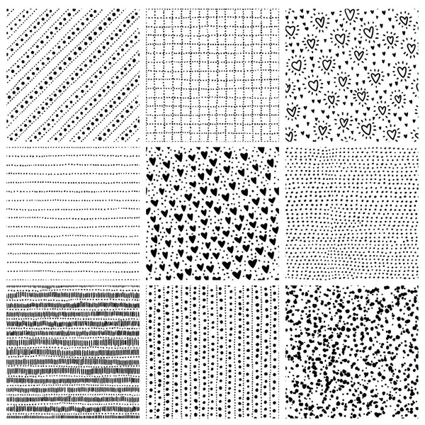 Dikişsiz desen koleksiyonu. Tekstiller için siyah ve beyaz baskılar kümesi. El yapımı. Elle çizilmiş geometrik süsleme. Doodle stili.