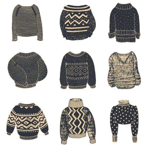 Kurşun kalemle çizilmiş kazak kümesi. Sıcak kış ve sonbahar giysileri. Sevimli çizgi deseni.