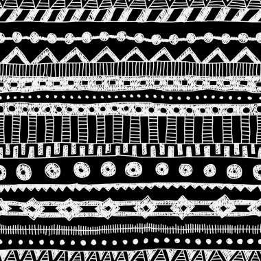 Etnik siyah beyaz seamless modeli. Elle çizilmiş tekstıl çizgili yazdır. Vintage süsleme. 