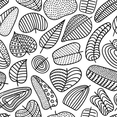 Siyah ve beyaz Dikişsiz desen bırakır. Çizgi film çocuklar için tekstil baskı. Elle çizilmiş doodle tarzında süsleme.