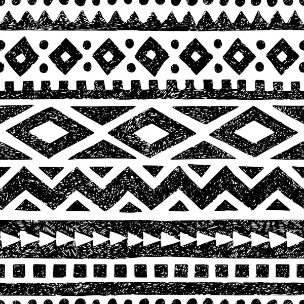 Seamless Black White Pattern Ethnic Tribal Motifs Grunge Texture Painted — Stock Vector