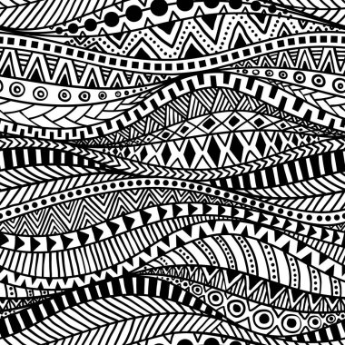 Dalgalı Dikişsiz etnik desen. Siyah beyaz yazdırma tekstıl çizilmiş doodle tarzında. Aztek ve kabile motifleri.