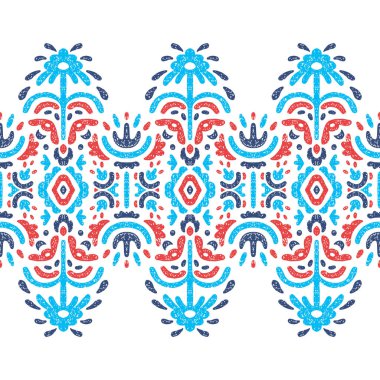 Dikişsiz etnik desen. Beyaz arka plan üzerinde öğeleri mavi ve kırmızı. Vintage Tekstil için yazdırma.