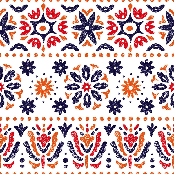 Seamless Vintage Pattern Horizontal Lines White Background Abstraction Flowers Ethnic — Stock Vector