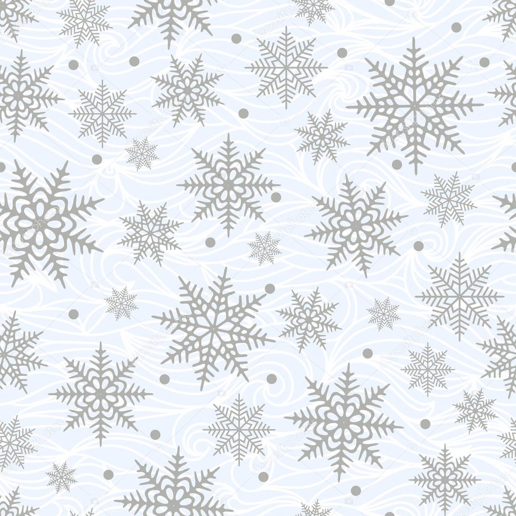 Seamless New Years and Christmas pattern. Snowflakes on a wavy background. Vector illustration.