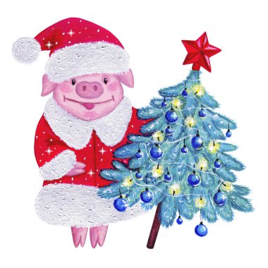 Noel Baba kostüm şirin domuz. Topları ve çelenk ile Noel köknar ağacı. Akrilikler ile el ile çizilmiş çizim karikatür. Noel kartı.