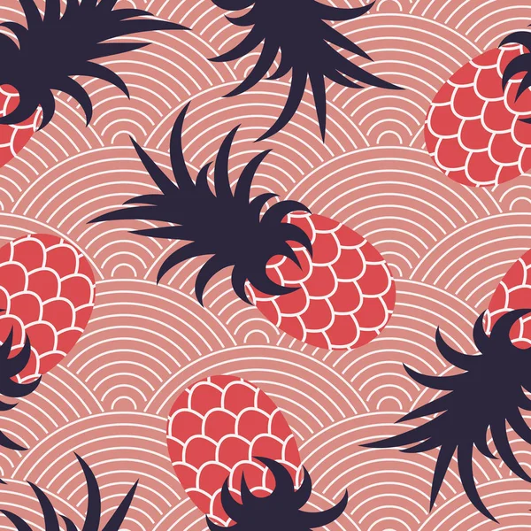 Modèle Été Sans Couture Ananas Sur Fond Corail Ondulé Impression — Image vectorielle