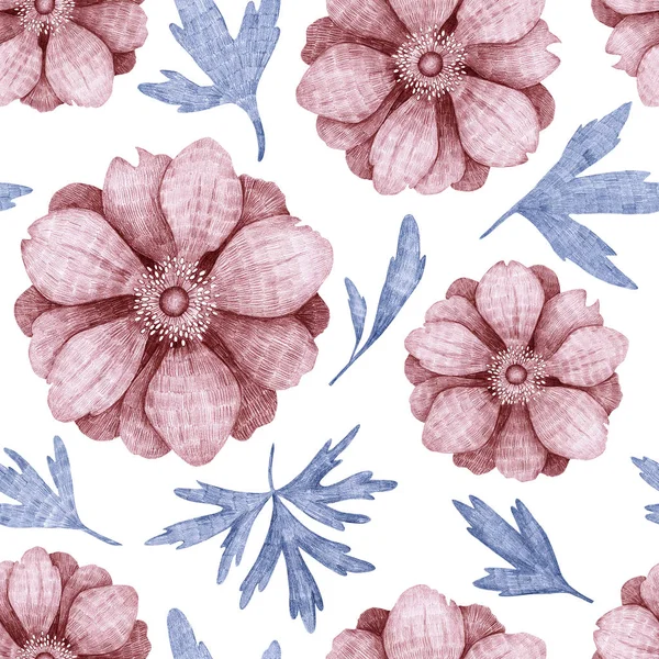 Seamless floral pattern drawn by hand. Pink tender anemones with blue leaves on a white background. Vintage print for textiles.