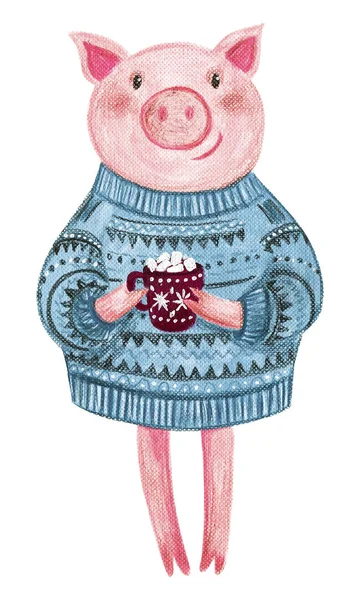 Bir kazak içinde şirin domuz ile akrilik boyalı. Bir fincan kakao marshmallows ile. Noel ve yeni yıl için tebrik kartı. Rahat illüstrasyon.