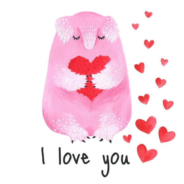 Bir kalp tutan şirin tüylü canavar. Sevgililer günü kartpostal. Pembe hayvan çizilmiş.