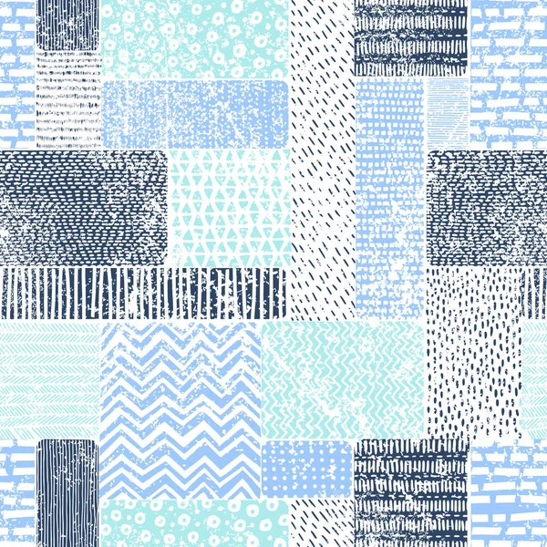 Бесшовный Винтажный Рисунок Стиле Лоскутной Мозаики Сине Белые Каракули Печать — стоковый вектор