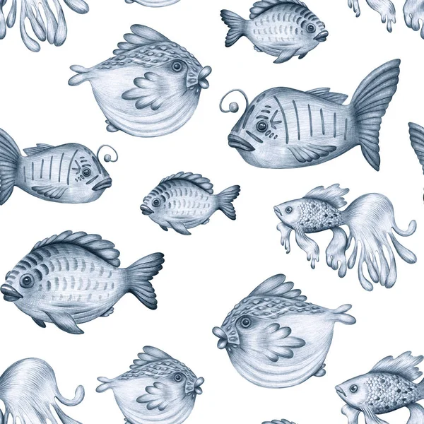 Seamless marine pattern. Blue fishes drawn by a pencil on a white background. A set of magical fabulous fish. Cartoon illustration.