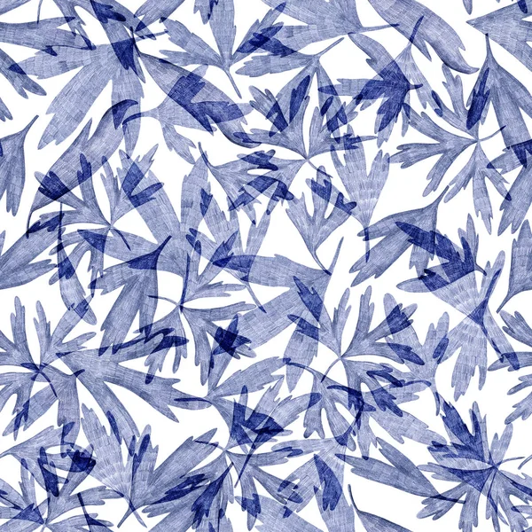Falling blue leaves seamless pattern. Blue and white elegant print for textiles. Hand-drawn wallpaper.