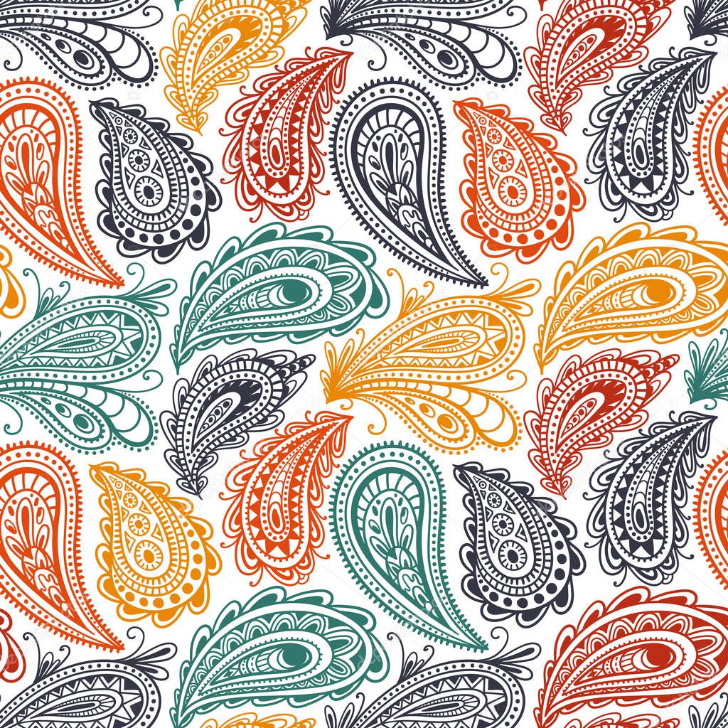 Paisley seamless pattern. Ornament for textiles drawn in the style of the doodle. Ethnic and tribal motifs.