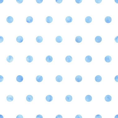 Sorunsuz suluboya polka noktalı desene. Beyaz zemin üzerinde mavi suluboya daireler. İşlemeli.