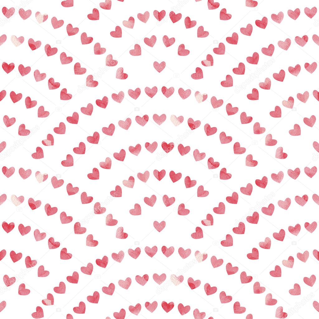 Watercolor pattern for Valentine's Day. Pink hearts painted with paint on paper.