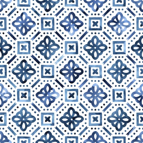 Padrão de aquarela azul e branco. Ornamento em estilo marroquino ha — Vetor de Stock