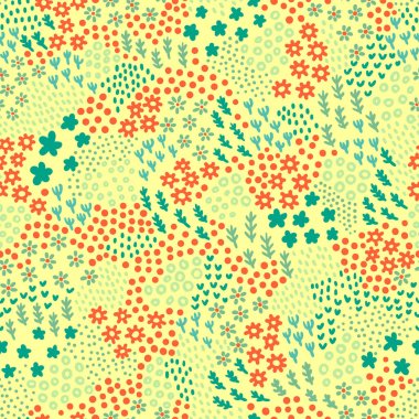 Doodle tarzında çizilmiş dikişsiz yaz deseni. Küçük çiçekler ve 