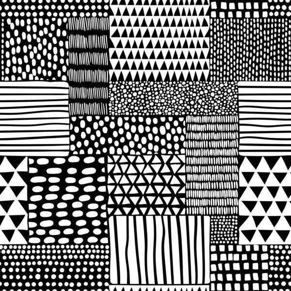 Fekete-fehér folytonos mintázat patchwork stílusban. Kézi lapka — Stock Vector