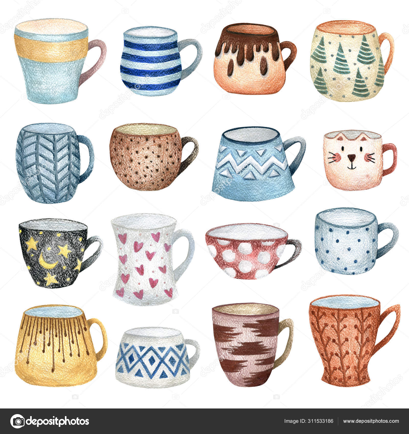 かわいい手描きの水彩カップのセット 居心地の良いイラスト ストック写真 C Flovie