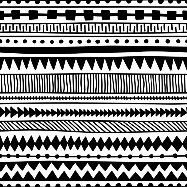 Seamless ethnic pattern. Handmade. Horizontal stripes. Black and — Stock Vector