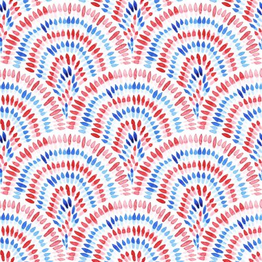 Seigaiha dalgası kusursuz suluboya deseni. Asya dürtüleri. Beyaz arkaplandaki mavi ve pembe noktalar. Kağıt dokusu. Tekstil ve ambalaj için yazdır.