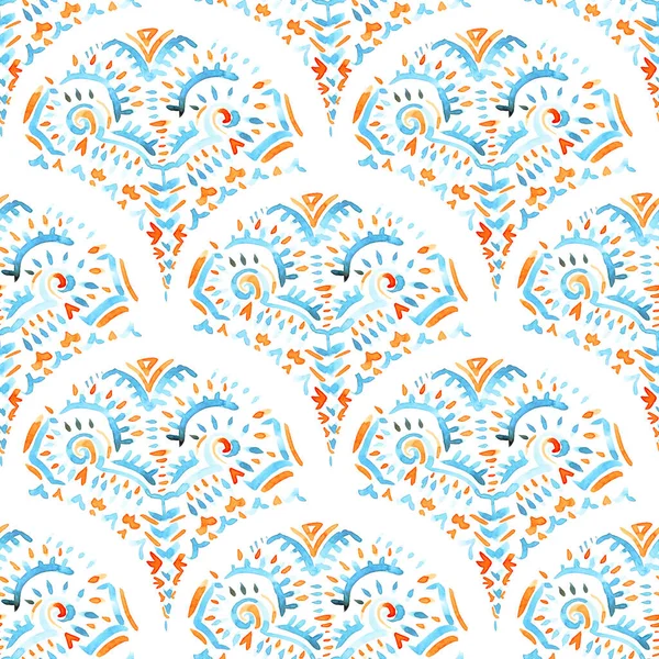 Seigaiha Wave Seamless Watercolor Pattern Asian Motives Blue Orange Isolated — Stock Photo, Image