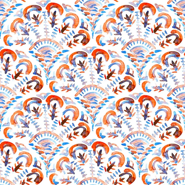 西嘉波无缝隙水彩图案 亚洲动机 蓝色和橙色孔雀尾随白色背景 纸的质感印花 纺织品 家居装饰 面料设计 — 图库照片