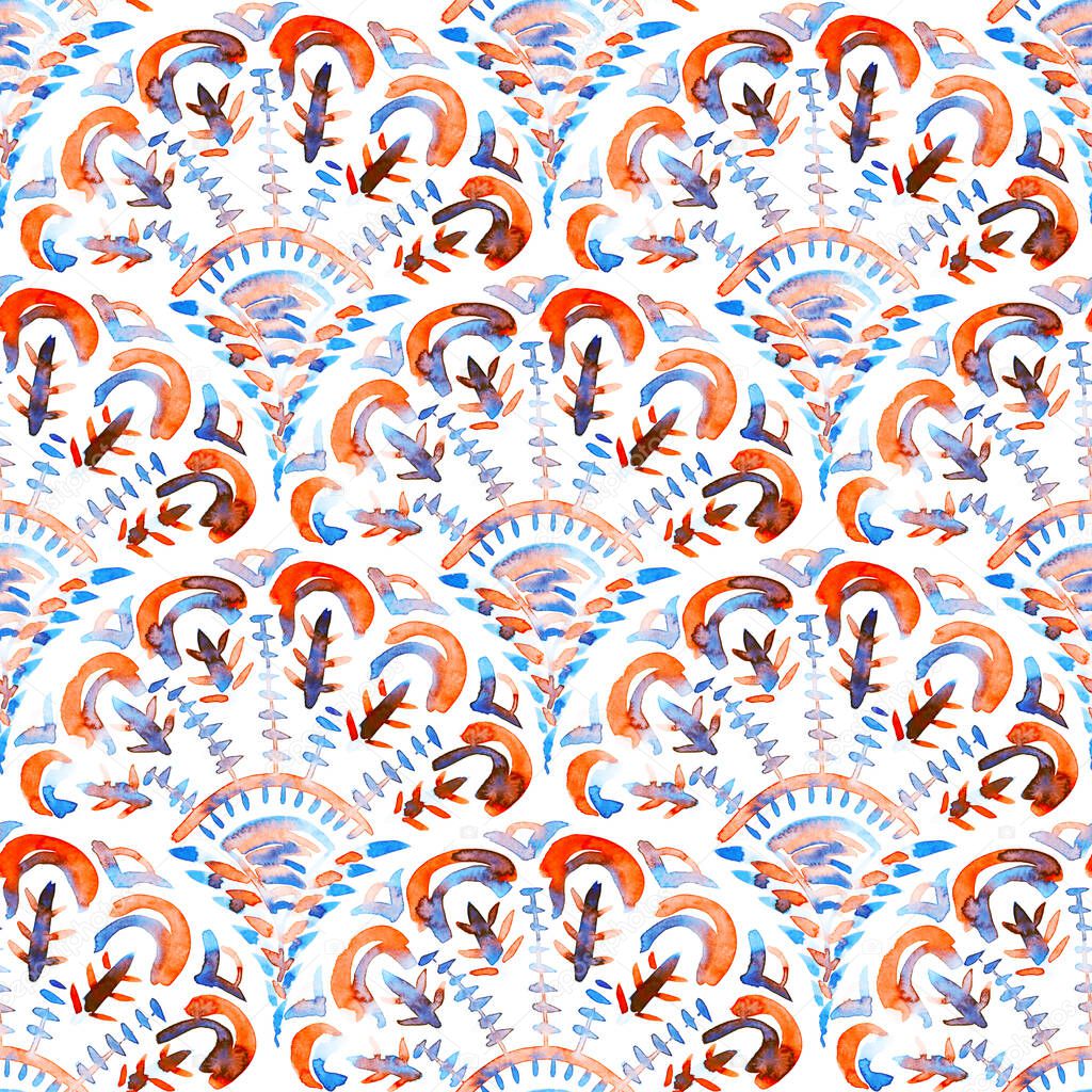 Seigaiha wave seamless watercolor pattern. Asian motives. Blue and orange peacock tail on a white background. Paper texture. Design for prints, textile, home decor, fabric.