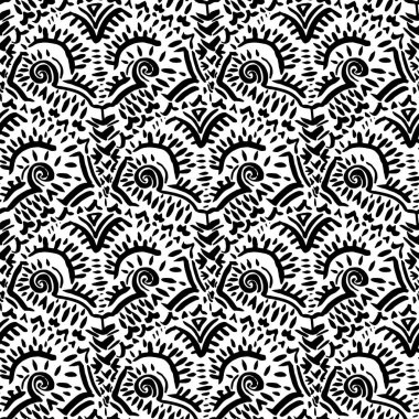 Kusursuz siyah ve beyaz desenli. Etnik ve kabile motifleri. Seigaiha 'nın dalgalı baskısı. Mürekkep çizili süs.