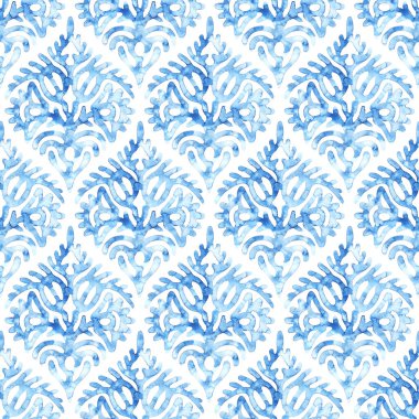 Kusursuz mavi ve beyaz suluboya deseni. Kağıt üzerindeki boyalar tarafından çizilmiş ogee süsü. Tekstil, ev dekorasyonu, ambalaj için yazdır.