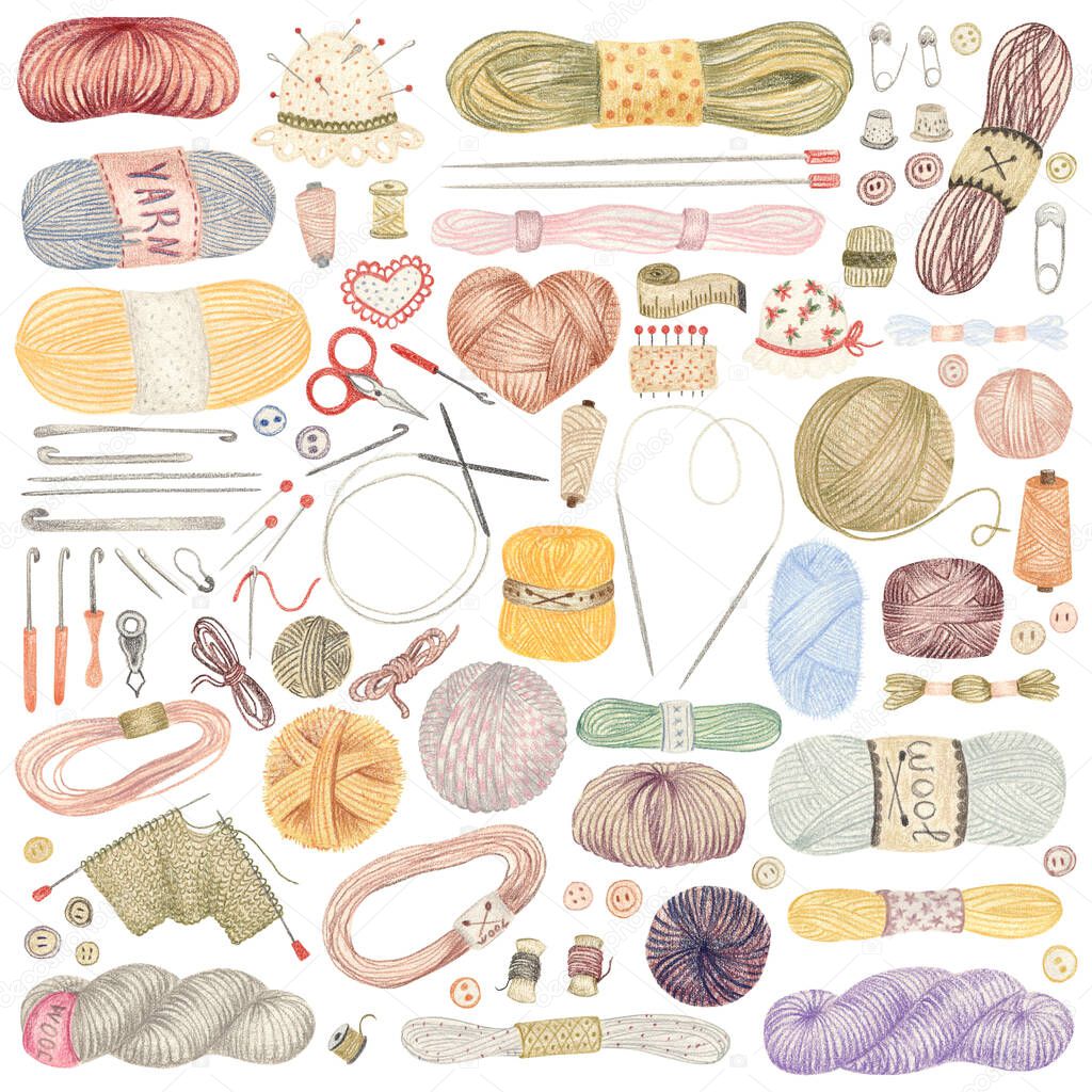 Set of tools for knitting, cozy hand drawn icons. Cute pattern drawn on paper with colored pencils. Skeins of yarn, wool, knitting needles, hooks, scissors. Isolated elements on a white.