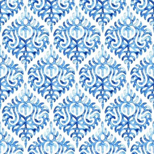 Płynny Niebieski Biały Wzór Akwareli Ornament Ogee Rysowany Farbami Papierze — Zdjęcie stockowe