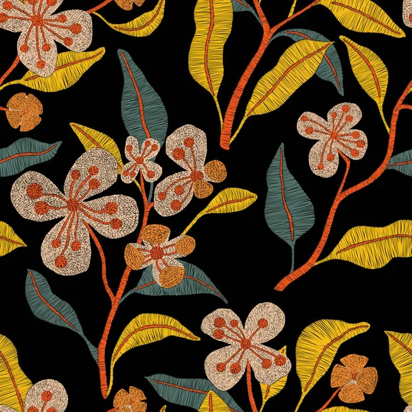绣花无缝图案 在黑色背景上的孤立的花朵分枝 纺织品和家居装饰用波希米亚印花 — 图库矢量图片#