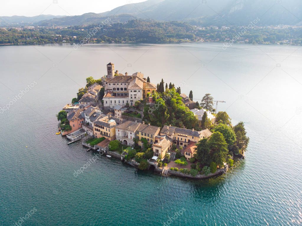 Drone view Lake Orta in Italy
