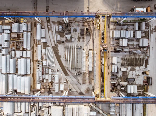 Magazijn Van Bakstenen Betonblokken Vrachtwagens Door Drone — Stockfoto
