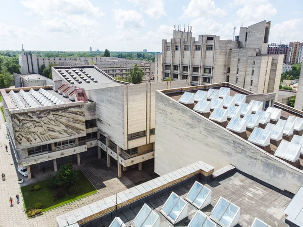 Soviet futurism building by drone