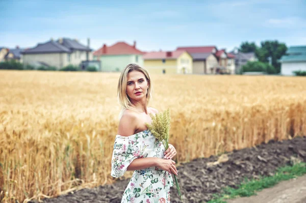 Bir buğday alanında genç romantik kadın